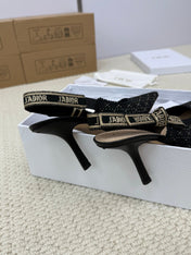 DIOR HIGH SLINGBACK 100 MM 25S IN BLACK FABRIC AND BRAND NAME EMBROIDERY