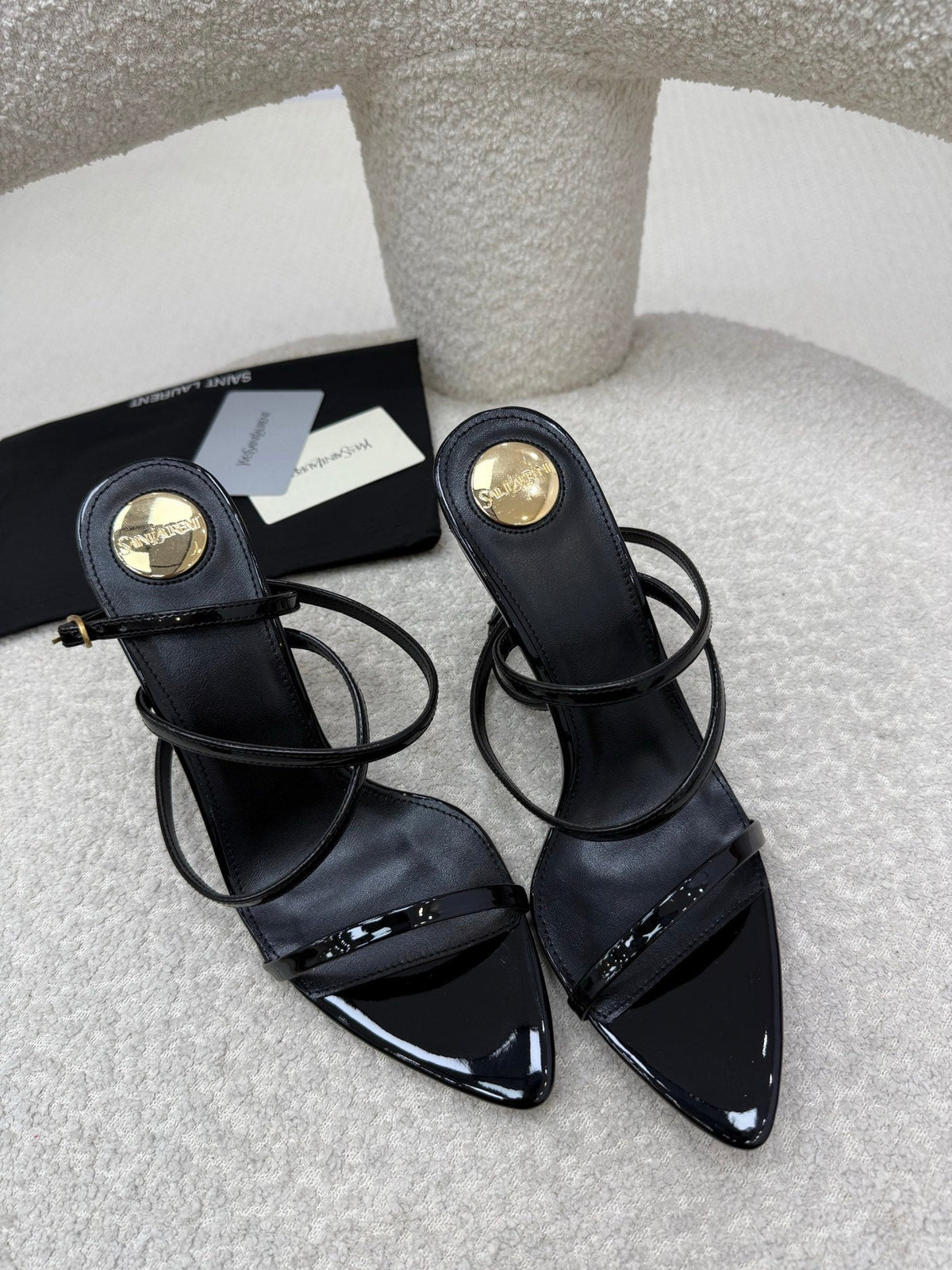 YSL 25S STRAPPY HIGH-HEEL SANDALS 95 MM IN BLACK SHINY LAMBSKIN