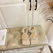 STRETCH LACE-UP FLAT SANDAL IN WHITE CREAM METALLIZED MESH AND LEATHER