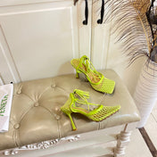 STRETCH LACE-UP SANDAL IN NEON GREEN METALLIZED MESH AND LEATHER 9 CM