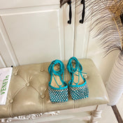 LACE-UP FLAT SANDAL IN CERULEAN BLUE METALLIZED MESH AND LEATHER WITH RHINSTONES