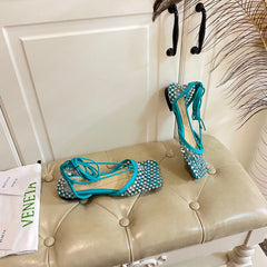 LACE-UP FLAT SANDAL IN CERULEAN BLUE METALLIZED MESH AND LEATHER WITH RHINSTONES