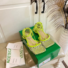 LACE-UP FLAT SANDAL IN NEON YELLOW METALLIZED MESH AND LEATHER WITH RHINSTONES