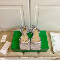 LACE-UP FLAT SANDAL IN SILVER METALLIZED MESH AND LEATHER WITH RHINSTONES