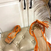 LACE-UP FLAT SANDAL IN VIVID ORANGE METALLIZED MESH AND LEATHER WITH RHINSTONES