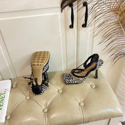 LACE-UP SANDAL IN BLACK METALLIZED MESH AND LEATHER WITH RHINSTONES 9 CM