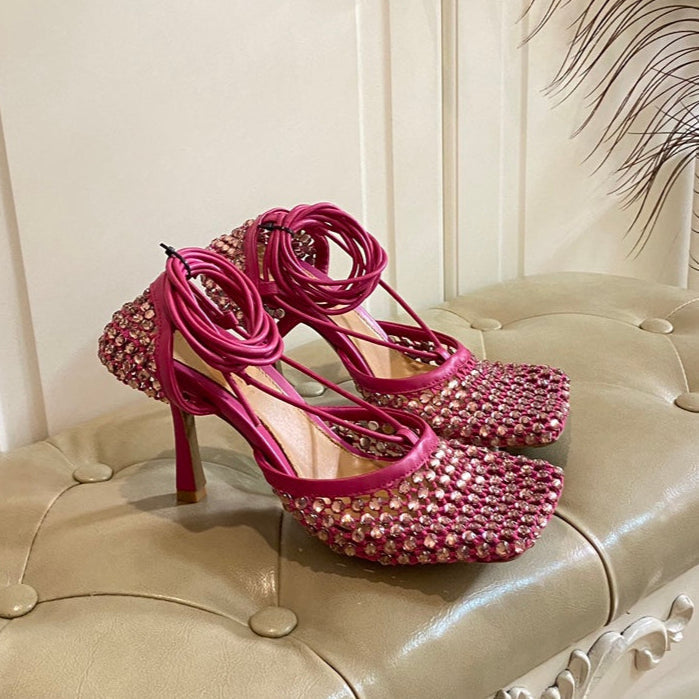LACE-UP SANDAL IN PUNCH PINK METALLIZED MESH AND LEATHER WITH RHINSTONES 9 CM
