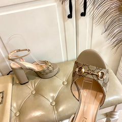 GG HORSEBIT PLATFORM SANDAL IN KHAKI BEIGE MONOGRAM CANVAS AND SHEEPSKIN LINING