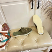 LP 26S LOCK CHARM MULES IN DARK OLIVE GREEN SUEDE GOLD HARDWARE