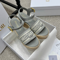 DWAY WEDGE SANDAL 25S 95MM IN GRAY EMBROIDERED COTTON RAFFIA SOLE