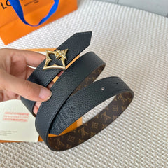 LV FLOWERGRAM 30MM REVERSIBLE BELT IN BLACK CALFSKIN GOLD HARDWARE