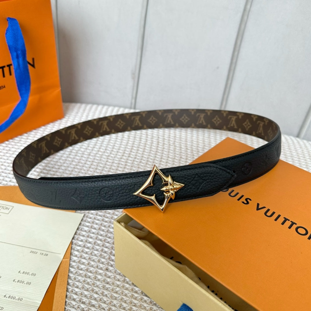 LV FLOWERGRAM 30MM REVERSIBLE BELT IN BLACK EMBOSSED CALFSKIN GOLD HARDWARE
