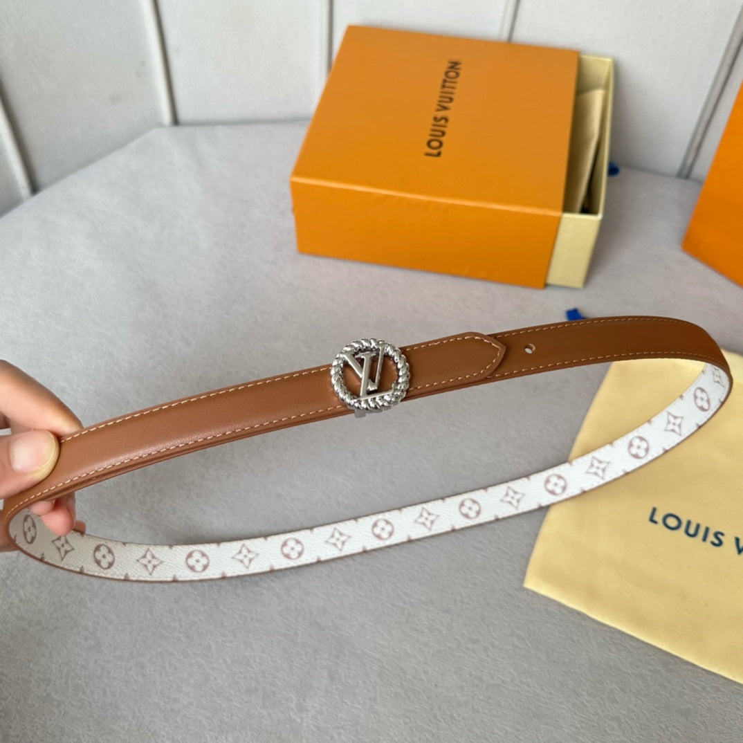 LV Circle Nautical 20mm Reversible Belt Silver Buckle Tan White Lambskin