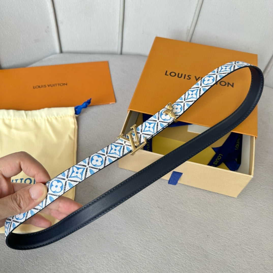 Pretty LV 20mm Reversible Belt Gold Buckle Black White Blue Leather