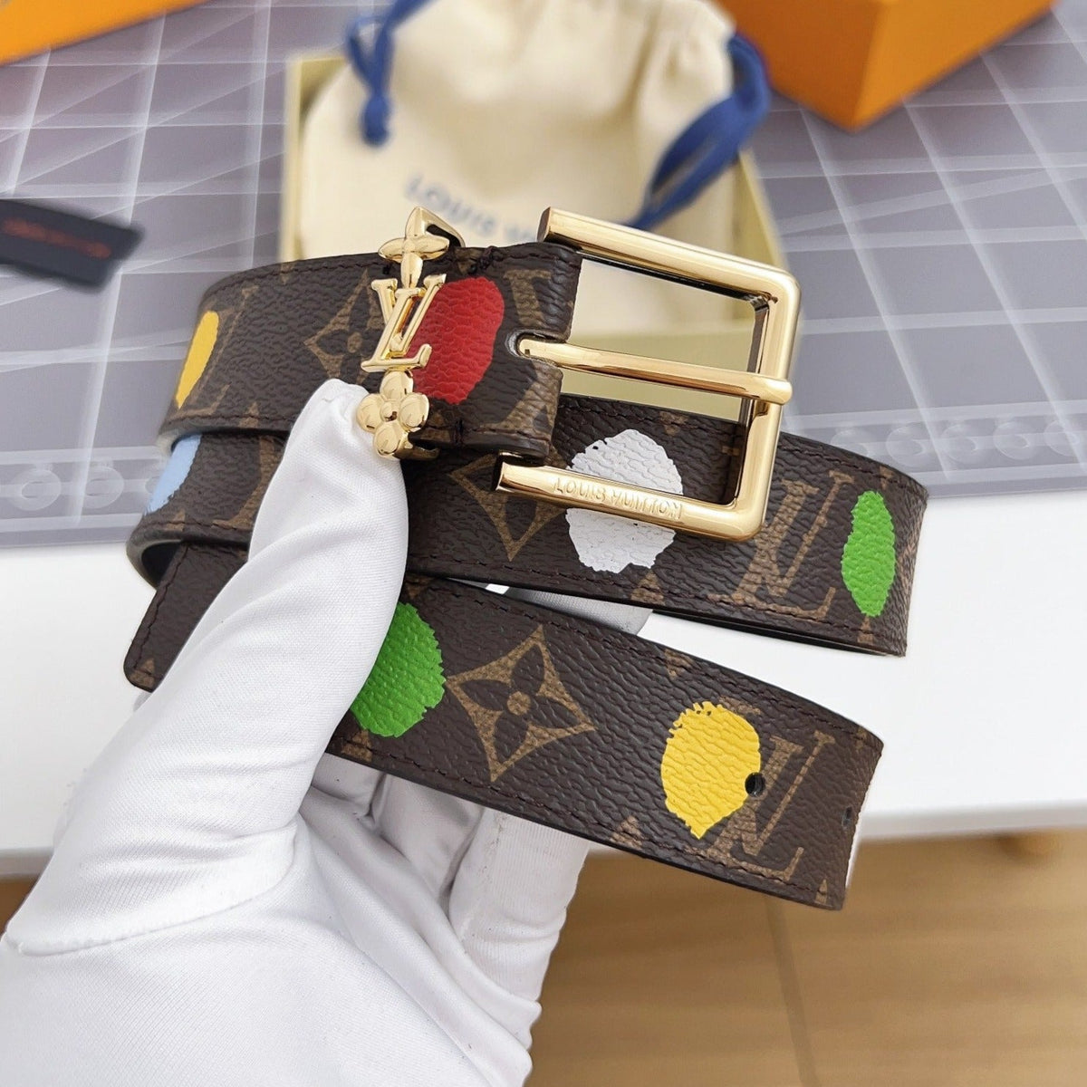 LV Bloom 30mm Mutilcolor Belt Gold Buckle Black Brown Leather