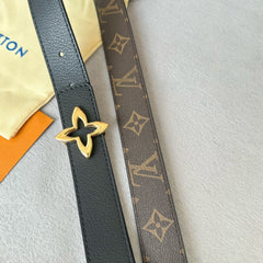 LV  MINI FLOWERGRAM 30MM REVERSIBLE BELT IN BLACK CALFSKIN GOLD HARDWARE