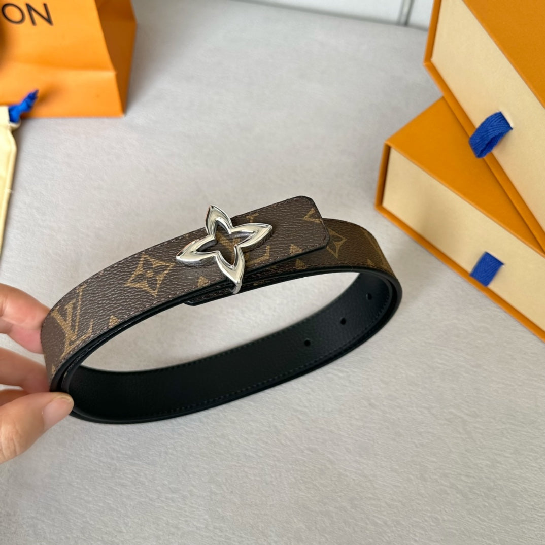 LV Flowergram 30mm Reversible Belt Silver Buckle Black Brown Leather