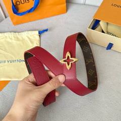LV  MINI FLOWERGRAM 30MM REVERSIBLE BELT IN BLOOD RED CALFSKIN GOLD HARDWARE