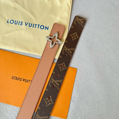 LV Flowergram 30mm Reversible Belt Silver Buckle Beige Brown Leather