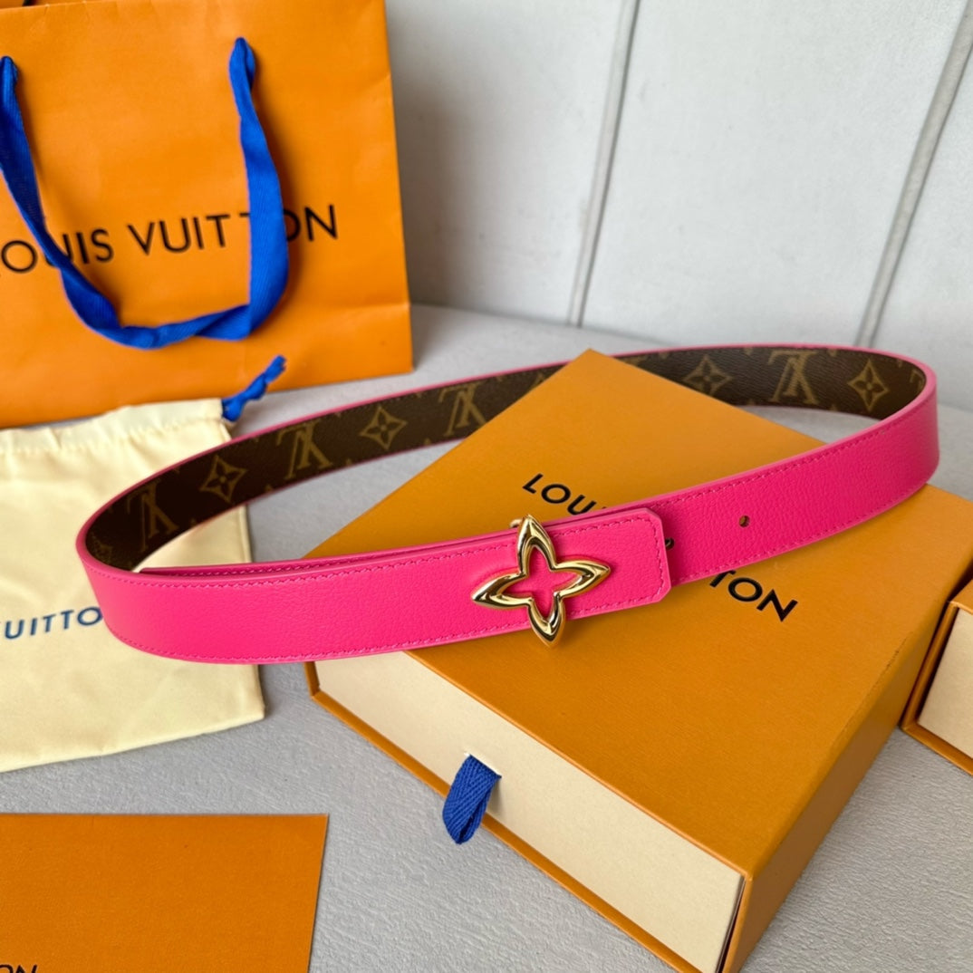 LV  MINI FLOWERGRAM 30MM REVERSIBLE BELT IN BRIGHT PINK CALFSKIN GOLD HARDWARE