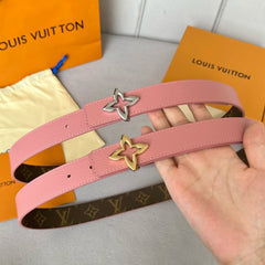 LV Flowergram 30mm Reversible Belt Gold Buckle Pink Brown Leather