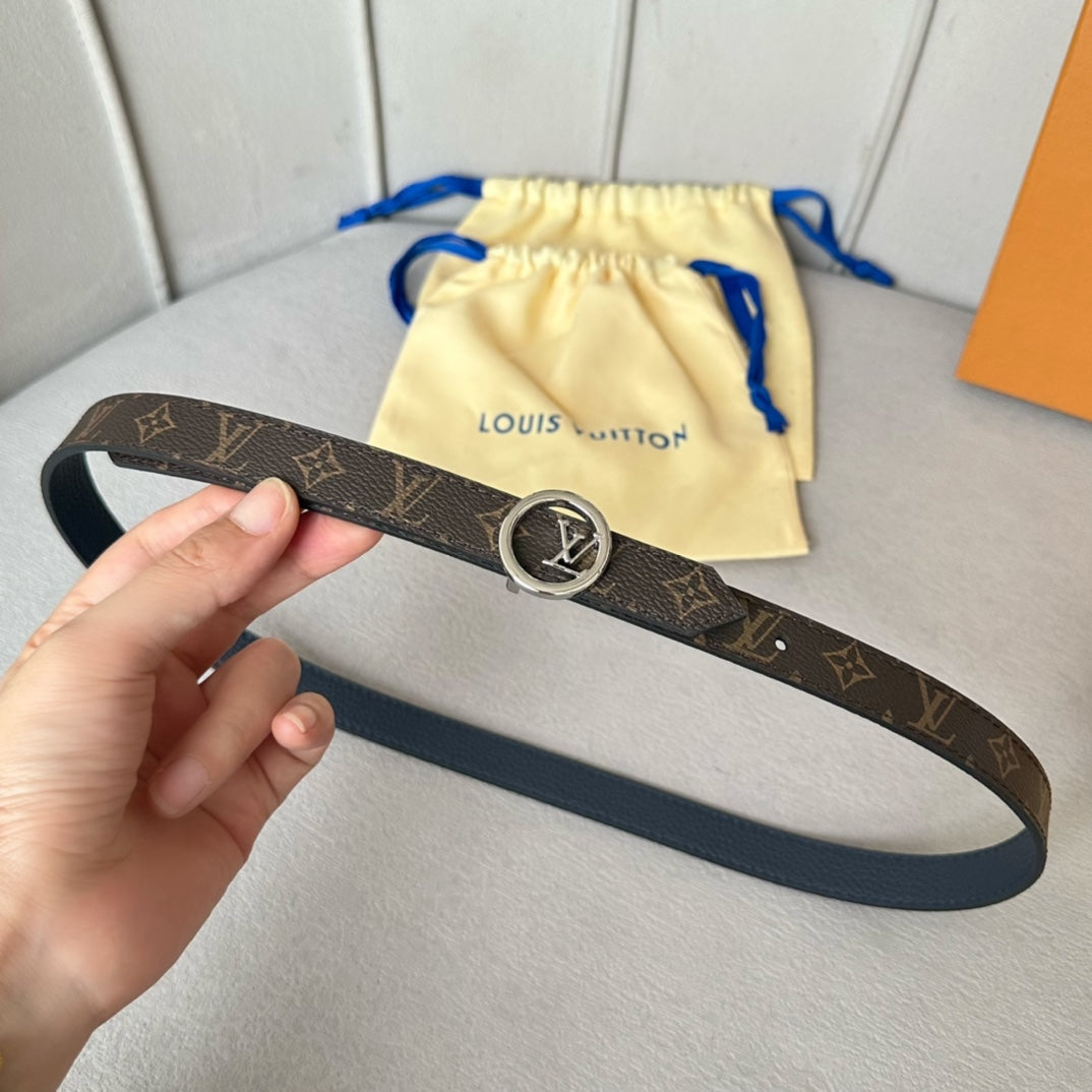 LV Circle 20mm Reversible Belt Silver Buckle Navy Blue Brown Leather