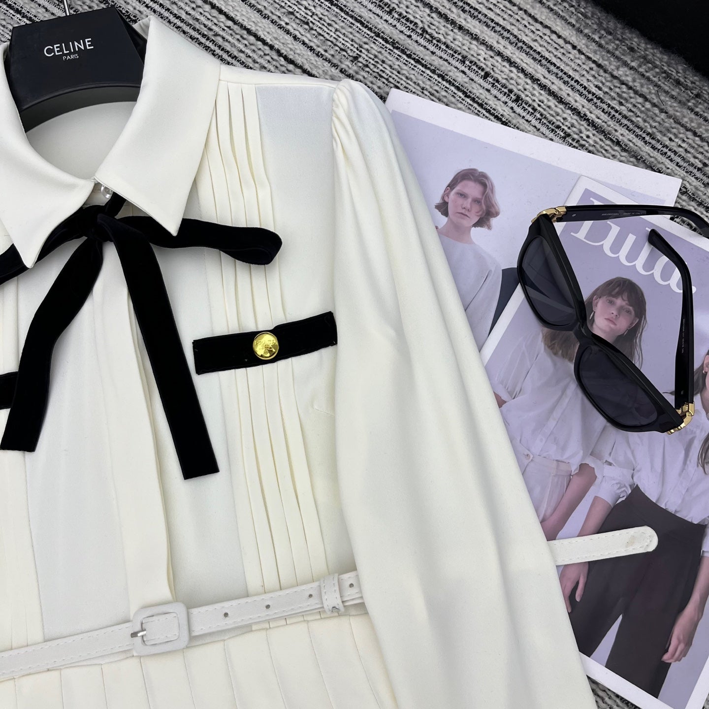 PRADA 25S LONG-SLEEVE COLLARED PLEATED DRESS 360