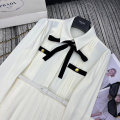 PRADA 25S LONG-SLEEVE COLLARED PLEATED DRESS 360