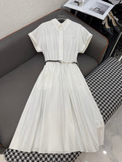 MM LONG DRESS IN WHITE TEXTURED FABRIC WITH BELT