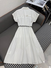 MM LONG DRESS IN WHITE TEXTURED FABRIC WITH BELT