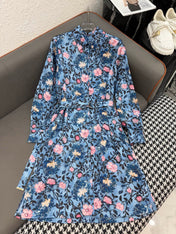 LV LONG-SLEEVE FLORAL PRINT SHIRT DRESS IN BLUE