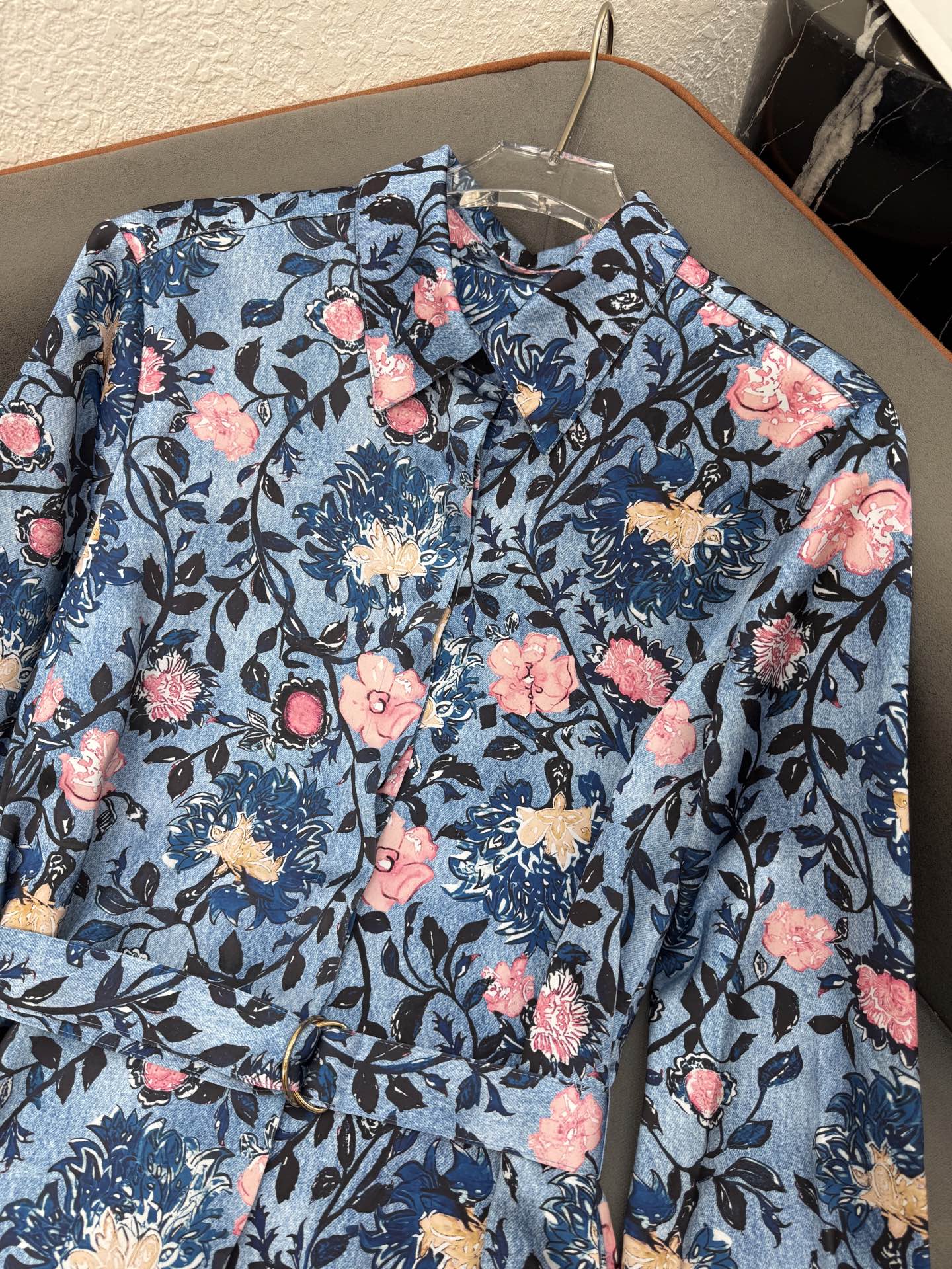 LV LONG-SLEEVE FLORAL PRINT SHIRT DRESS IN BLUE