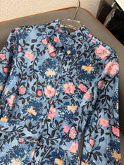 LV LONG-SLEEVE FLORAL PRINT SHIRT DRESS IN BLUE