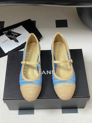BALLET MARY JANE 10MM IN NATURAL BEIGE AND BLUE RAFFIA