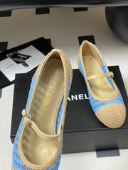 BALLET MARY JANE 10MM IN NATURAL BEIGE AND BLUE RAFFIA