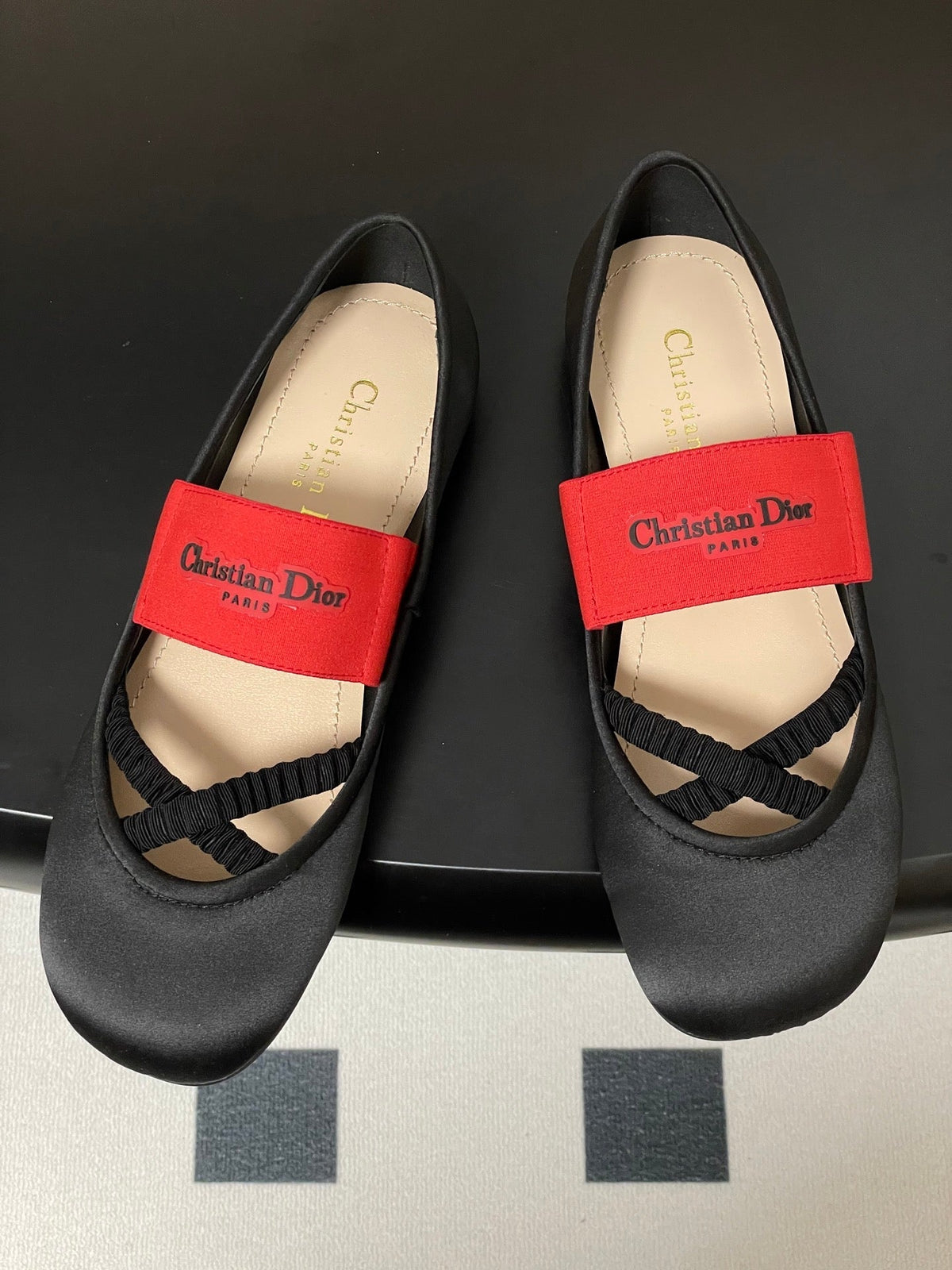 DIOR STRETCH BALLET FLATS 25S IN BLACK MIX RED FABRIC