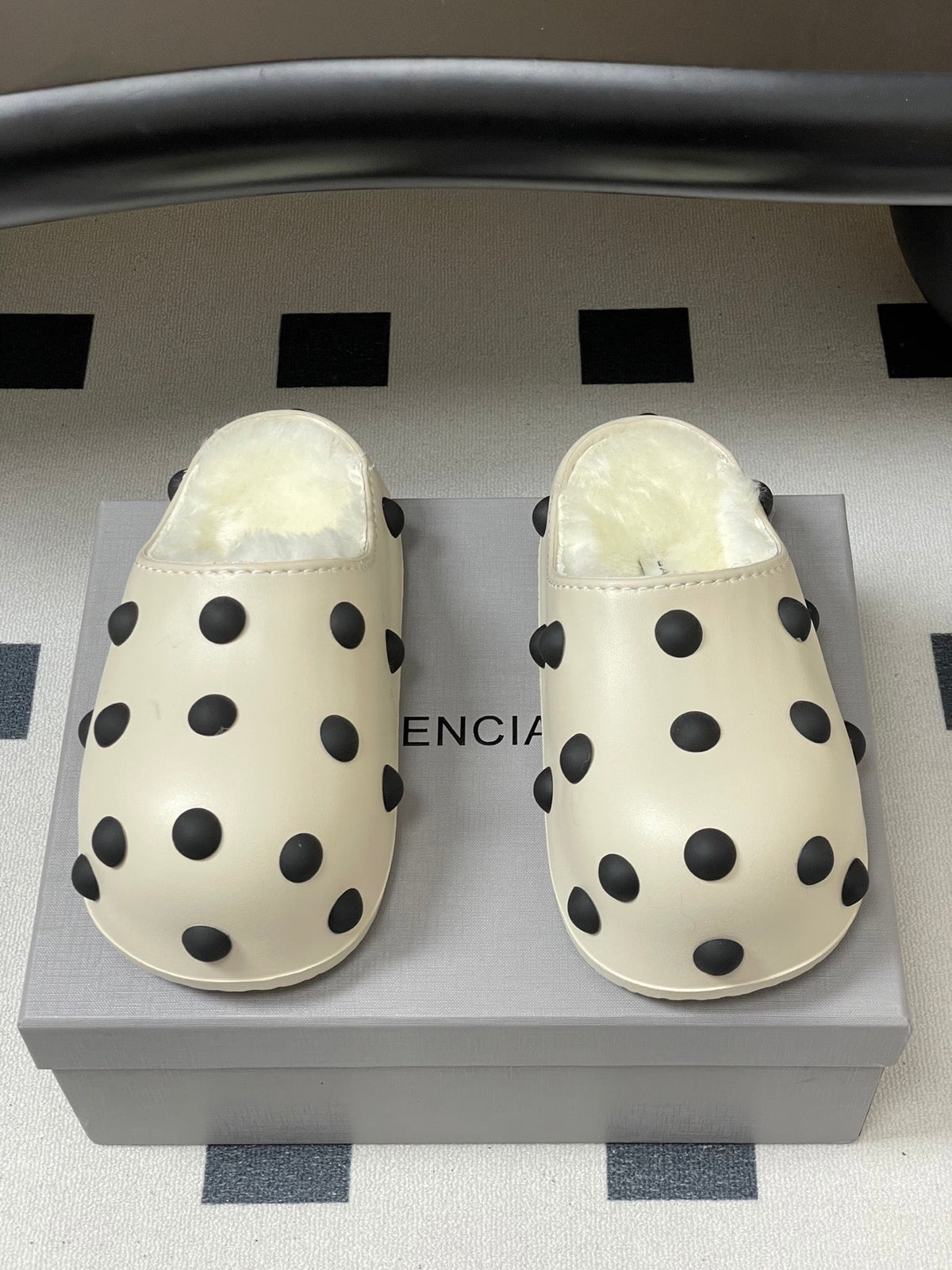 BALENCIAGA 25S FUR-LINED MULES IN WHITE FAUX LEATHER