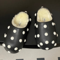 BALENCIAGA 25S FUR-LINED MULES IN BLACK AND WHITE FAUX LEATHER