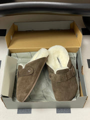 BALENCIAGA 25S FUR-LINED MULES IN DARK EARTH BROWN FAUX LEATHER