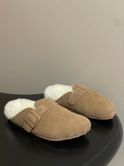 BALENCIAGA 25S FUR-LINED MULES IN LIGHT BROWN FAUX LEATHER