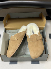 BALENCIAGA 25S FUR-LINED MULES IN LIGHT BROWN FAUX LEATHER