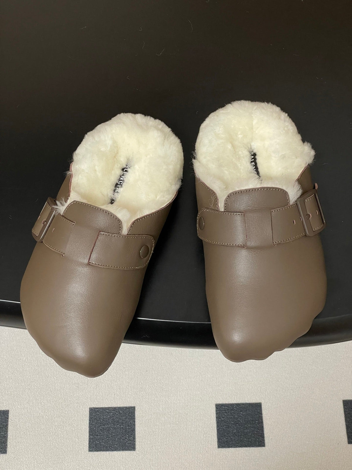 BALENCIAGA 25S FUR-LINED MULES IN TAUPE GRAY FAUX LEATHER