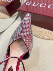 HIGH SLINGBACK 10 CM IN CHERRY RED SILK WITH FULL RHINSTONES