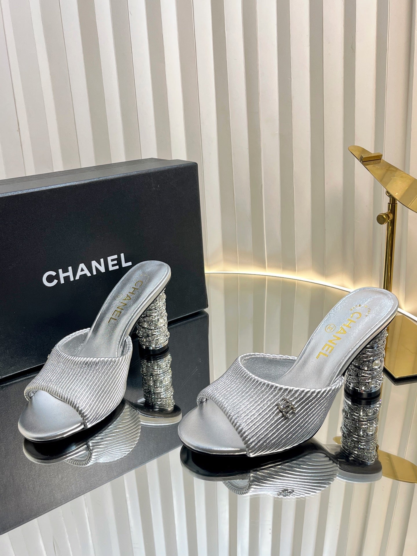 CHANEL 26S EMBELLISHED HEELED SANDALS 80 MM IN SILVER LAMBSKIN