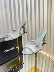 CHANEL 26S EMBELLISHED HEELED SANDALS 80 MM IN SILVER LAMBSKIN