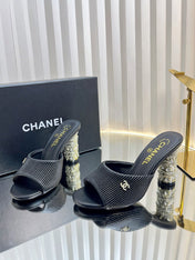 CHANEL 26S EMBELLISHED HEELED SANDALS 80 MM IN BLACK LAMBSKIN