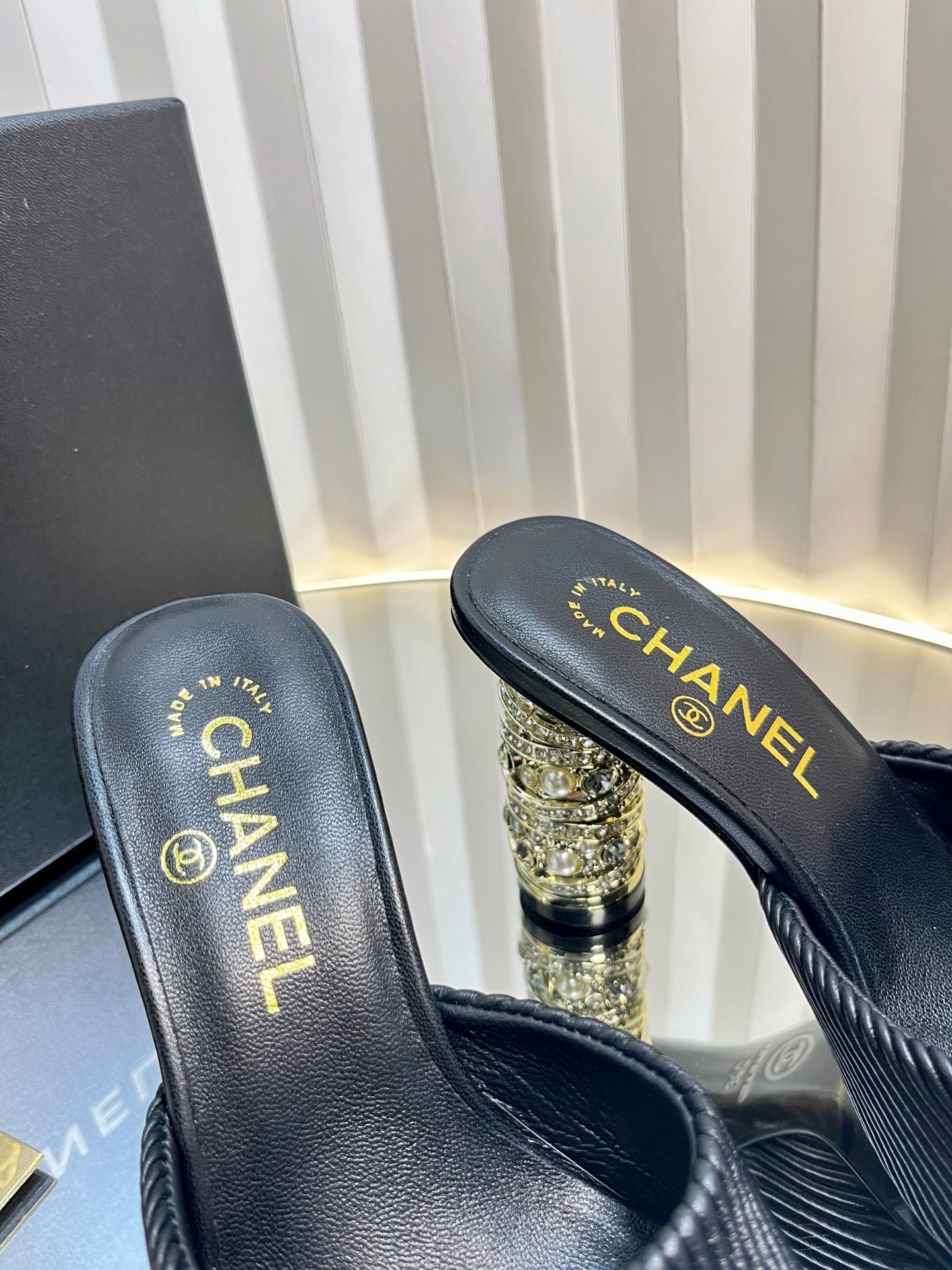CHANEL 26S EMBELLISHED HEELED SANDALS 80 MM IN BLACK LAMBSKIN