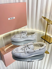 MIUMIU 26S FUR BOAT SHOES IN LIGHT GRAY CALFSKIN
