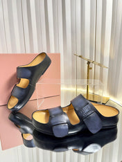 MIUMIU 26S DOUBLE-STRAP SLIDES IN BLACK CALFSKIN