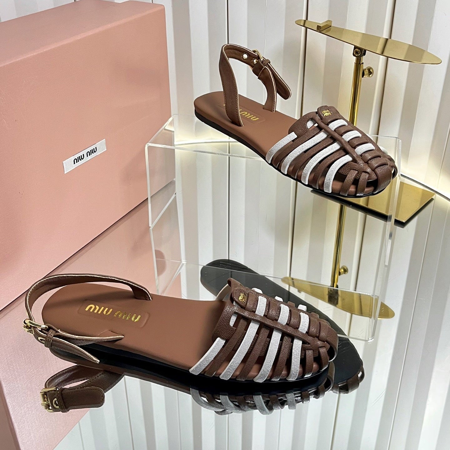 MIUMIU 26S SLINGBACK SANDALS IN DARK BROWN AND WHITE CALFSKIN